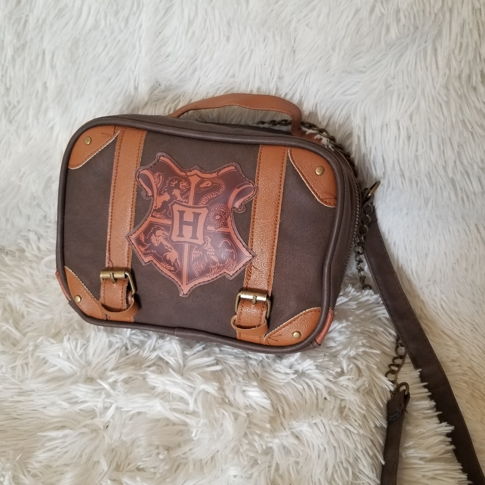 Brown and Tan Crossbody Bag with Crest Accent